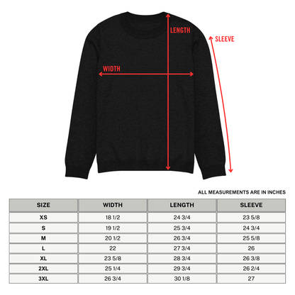 Black sweatshirt with measurement lines and a size chart on a white background
