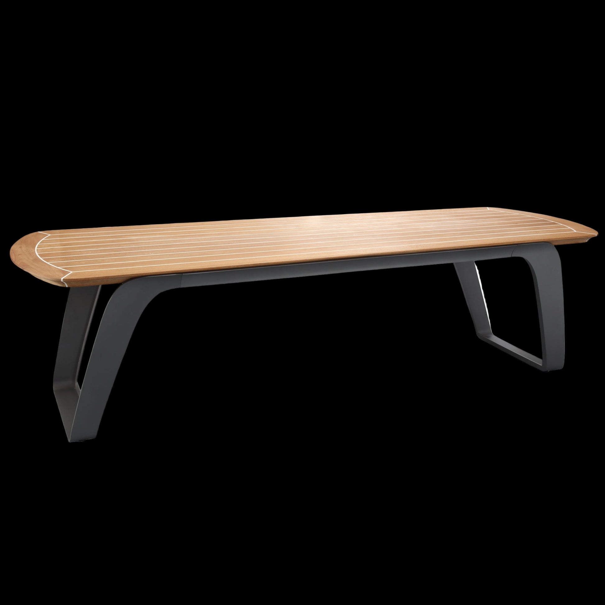 Wooden bench with black metal legs on a white background
