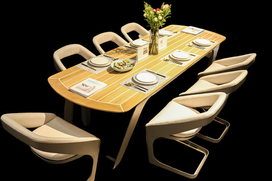 Modern dining table set with chairs in a stylish interior setting
