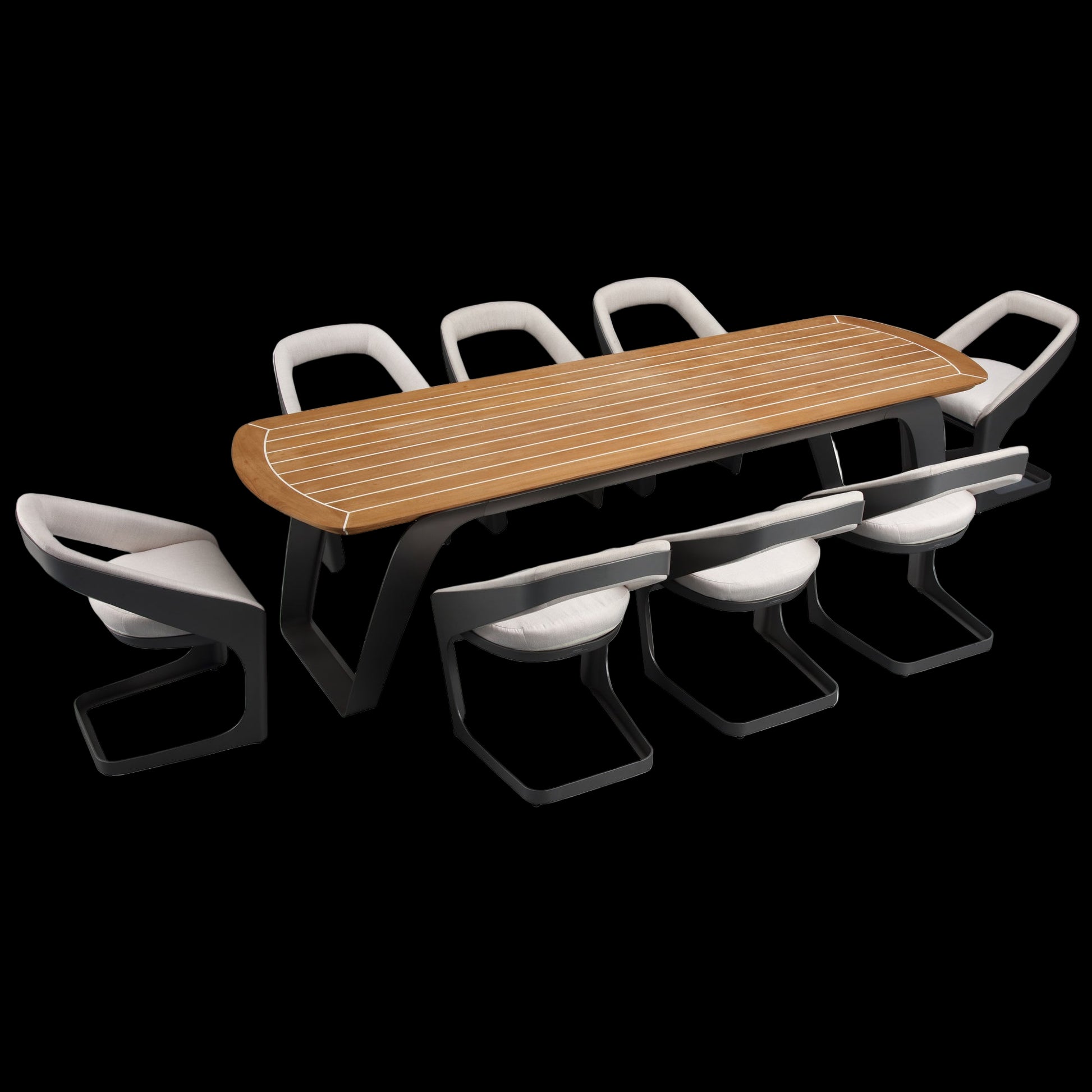 Wooden table with six modern chairs on a white background
