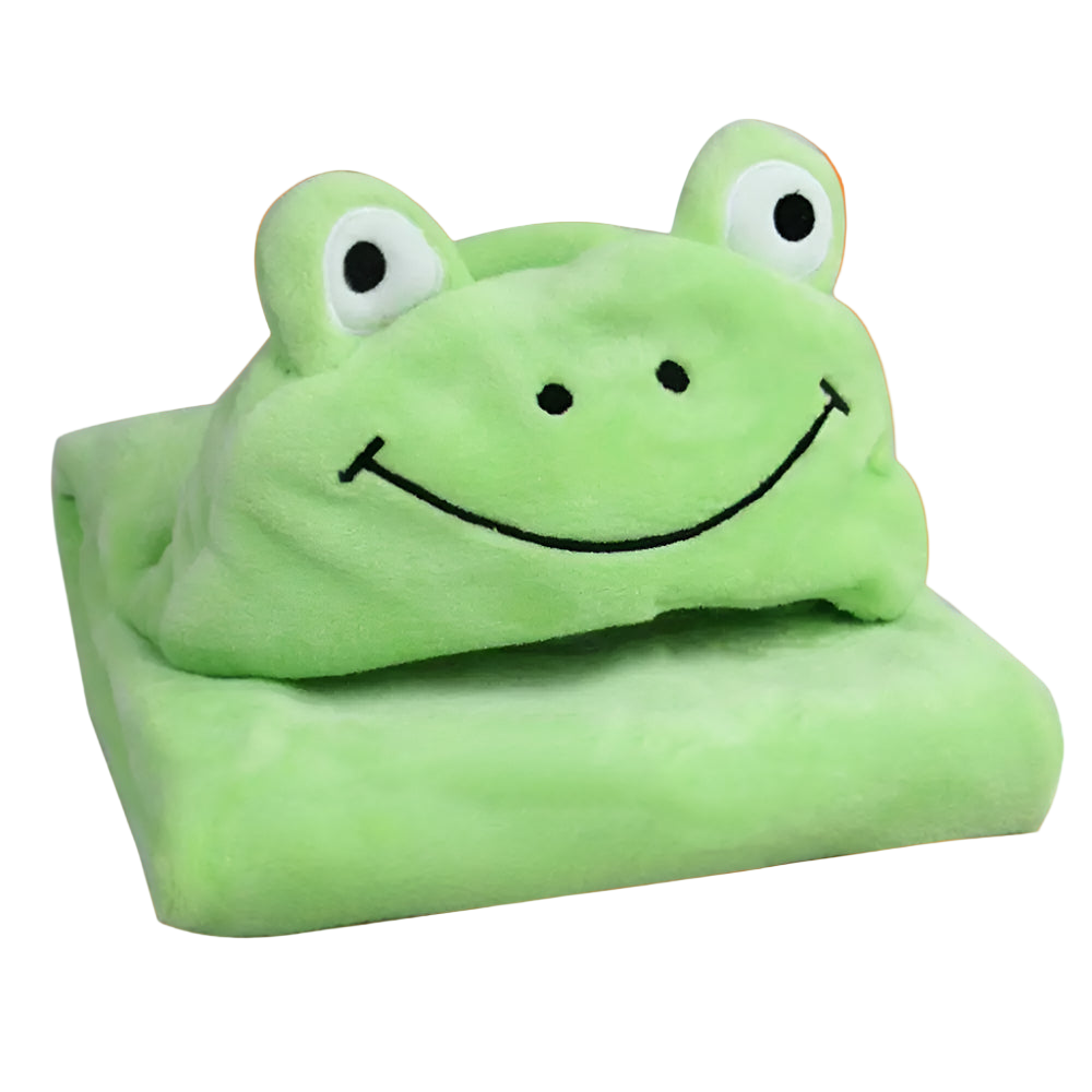 Green frog-shaped pillow with a smile on a white background