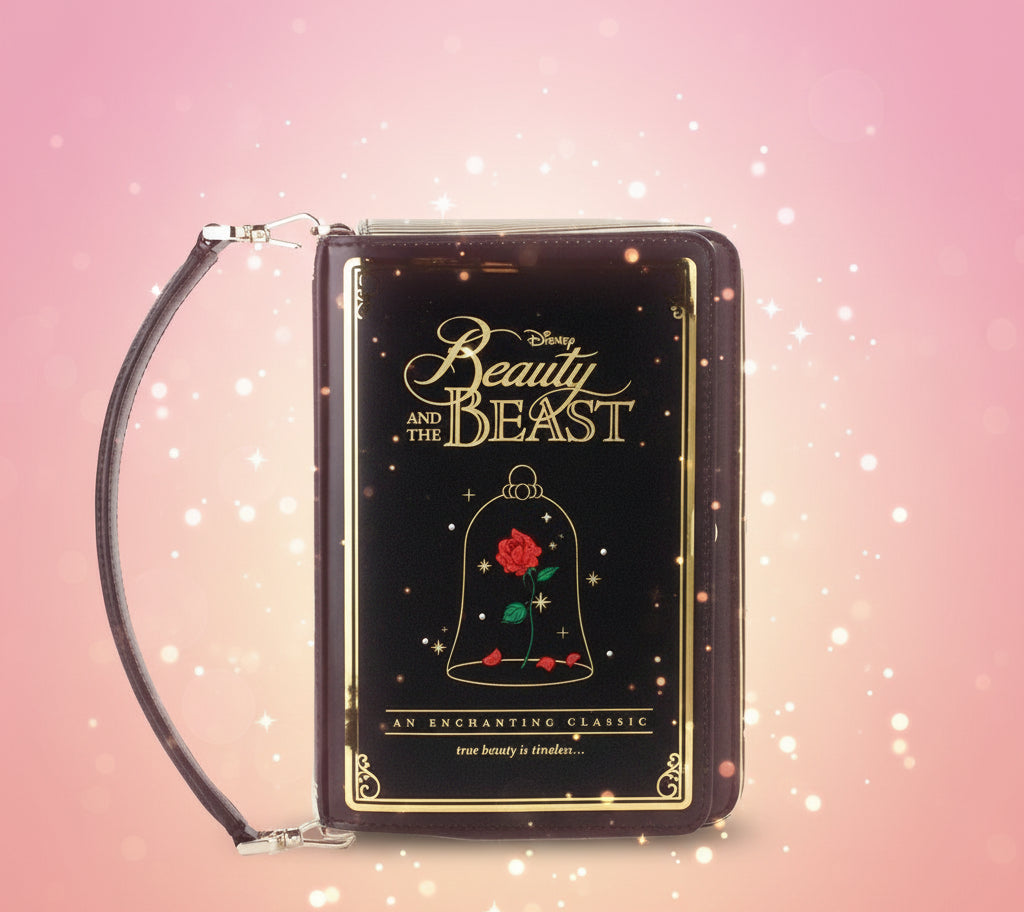 Black wallet with 'Beauty and the Beast' design featuring a rose under a glass dome on a white background.