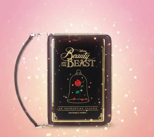 Black wallet with 'Beauty and the Beast' design featuring a rose under a glass dome on a white background.