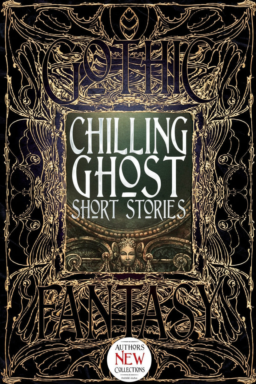 Book cover of 'Chilling Ghost Short Stories' with ornate gold design on a black background