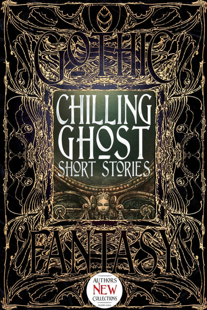 Book cover of 'Chilling Ghost Short Stories' with ornate gold design on a black background