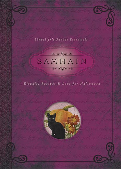 The front cover of the book 'Samhain: Rituals, Recipes & Lore for Halloween' from 'Llewellyn's Sabbat Essentials'. The cover features a textured dark purple background with a central pinkish-purple oval containing the title 'SAMHAIN' in gold lettering, and a circular illustration at the bottom depicting a black cat, a pumpkin, and autumn leaves.