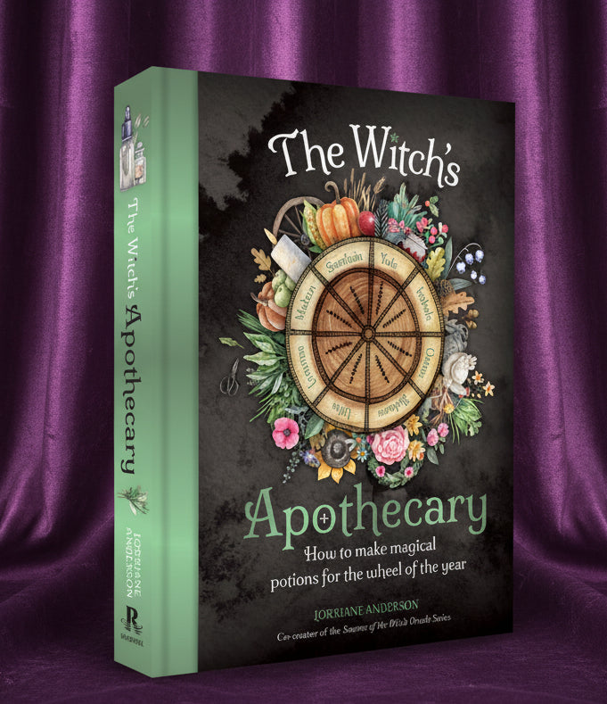 Book titled 'The Witch's Apothecary' with a decorative cover featuring a wheel and plants on a white background.