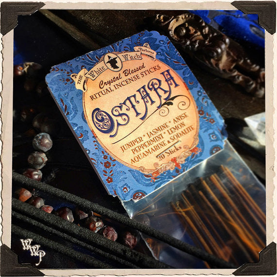 Pack of Ostera ritual incense sticks with decorative packaging on a dark background.
