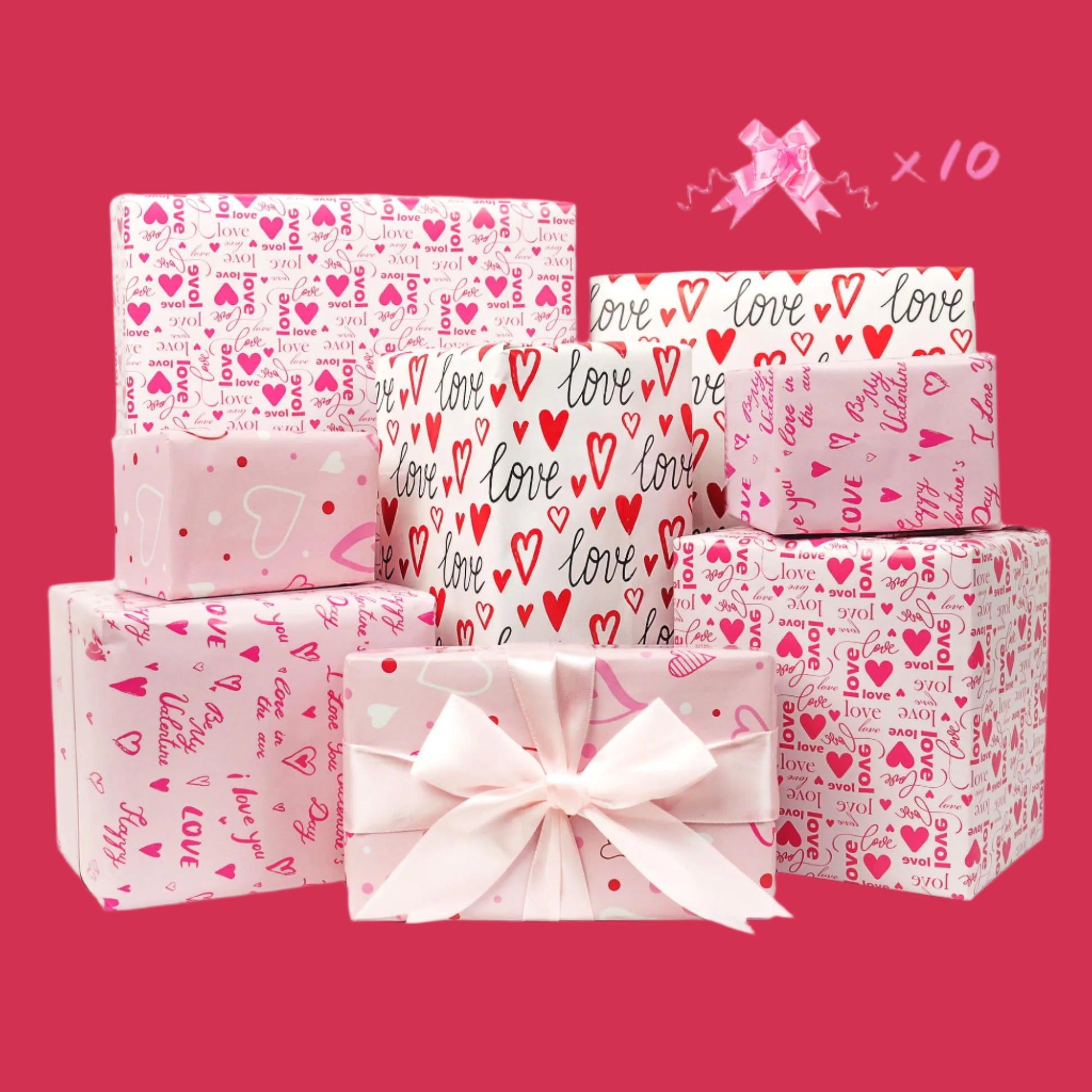 Set of gift boxes with 'love' and heart patterns on a white background