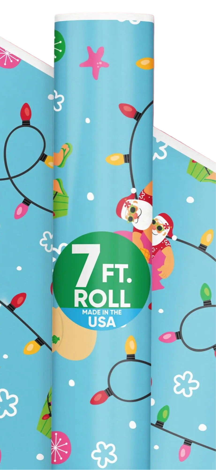 Roll of Christmas-themed wrapping paper with Santa Claus, snowman, and lights on a blue background.