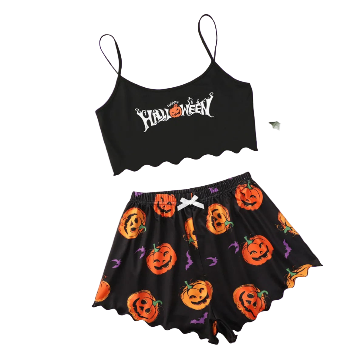 Halloween-themed black crop top and shorts set with pumpkins on a beige background.