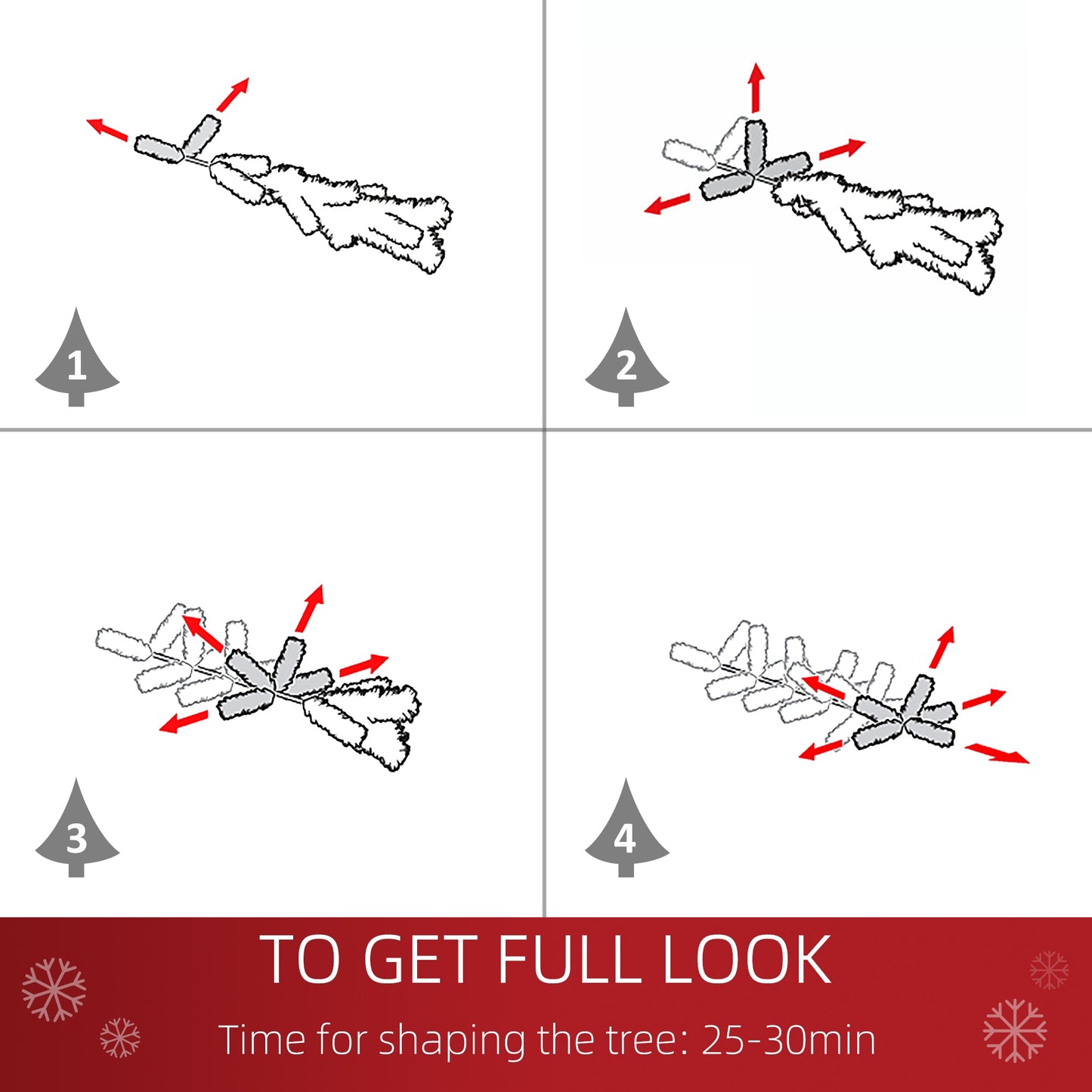 Step-by-step guide for shaping a Christmas tree with arrows indicating movements, on a white background.