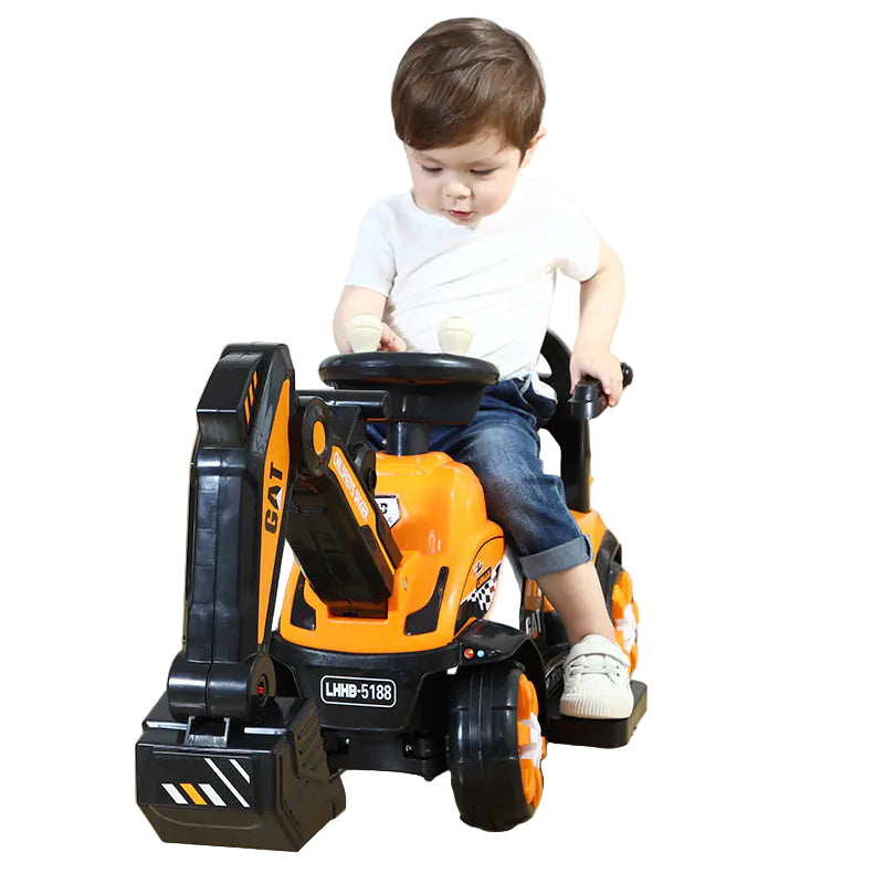 Child playing with a toy bulldozer indoors