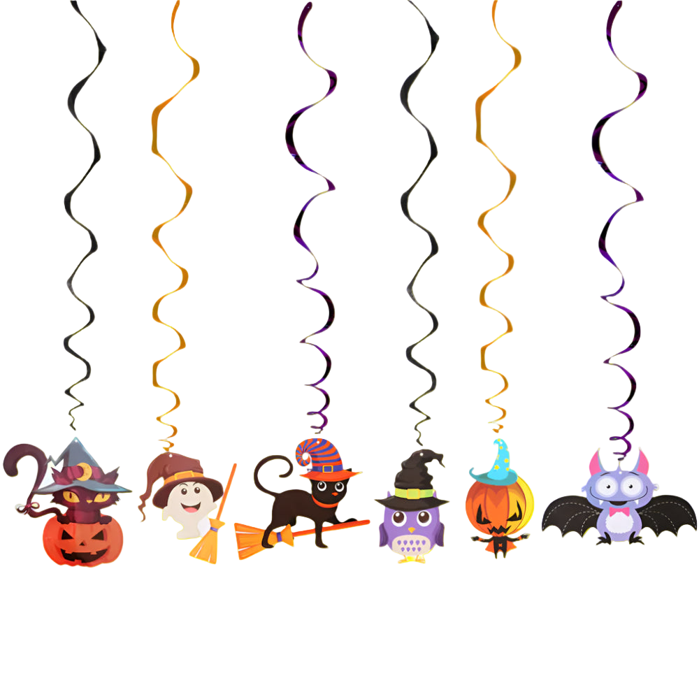 Halloween-themed hanging decorations with cartoon characters on a white background