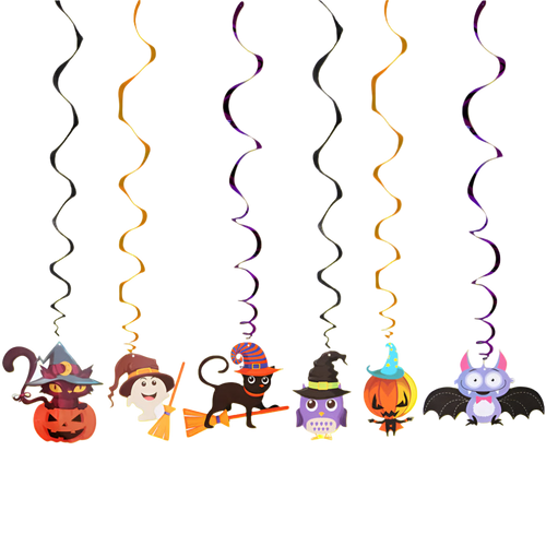 Halloween-themed hanging decorations with cartoon characters on a white background