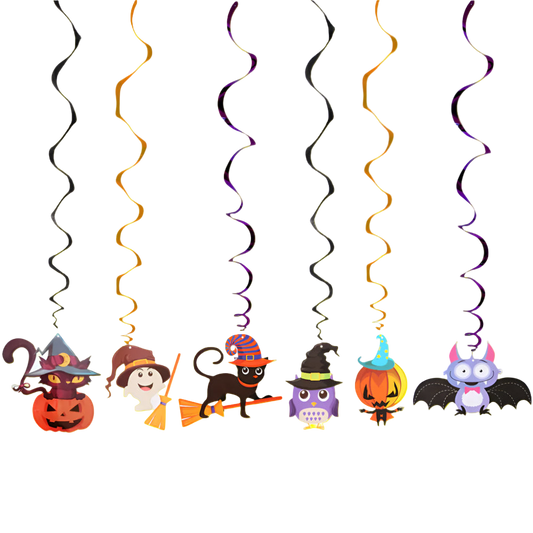 Halloween-themed hanging decorations with cartoon characters on a white background