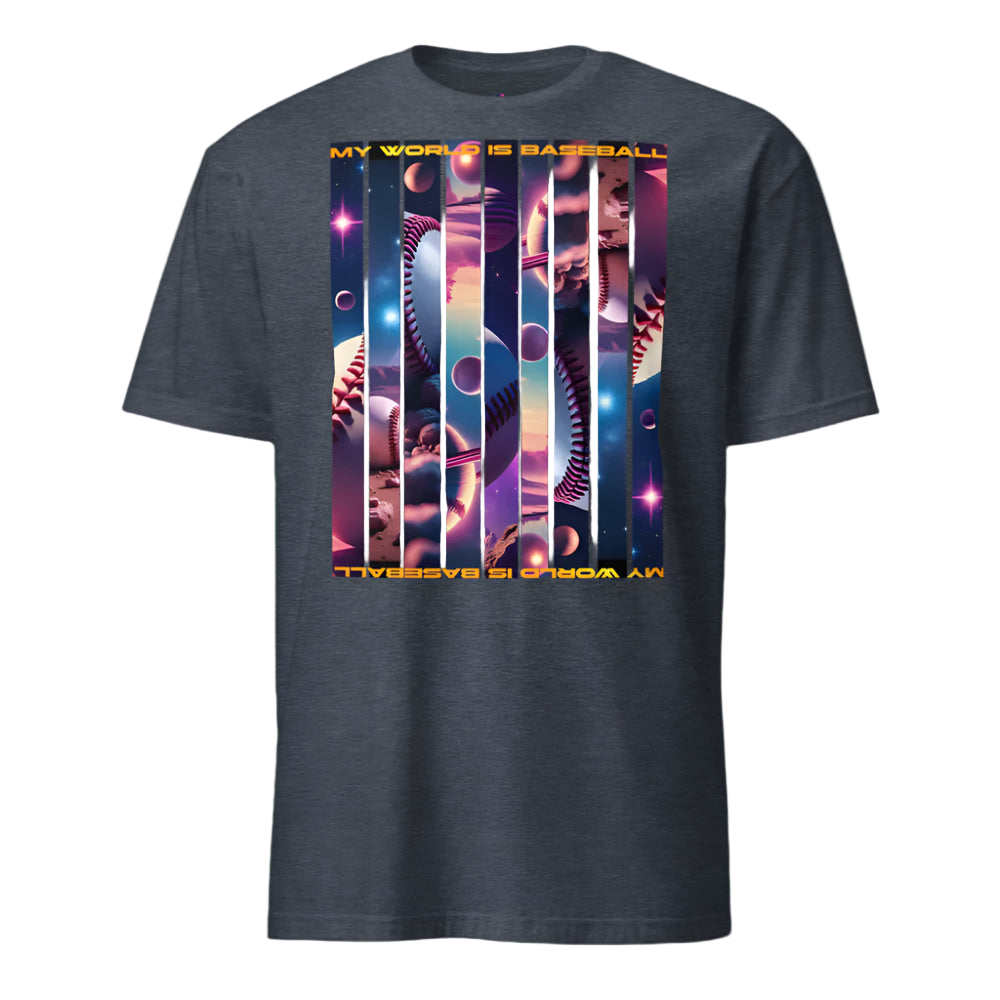 Dark gray t-shirt with colorful graphic design and text on a white background