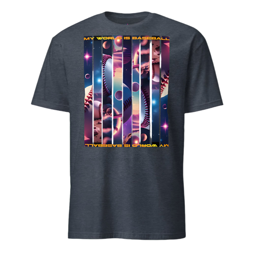 Dark gray t-shirt with colorful graphic design and text on a white background