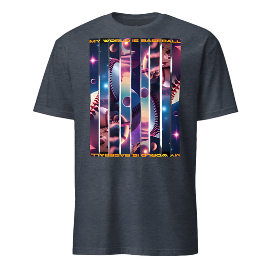 Dark gray t-shirt with colorful graphic design and text on a white background
