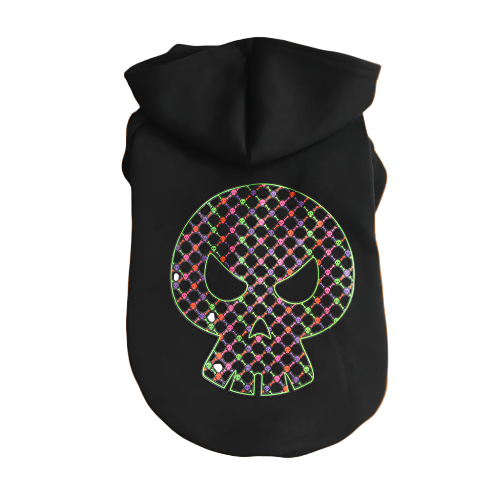 Black hoodie with a colorful skull design on a white background