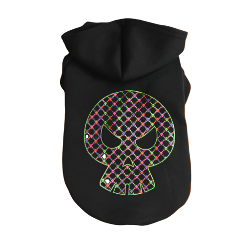 Black hoodie with a colorful skull design on a white background