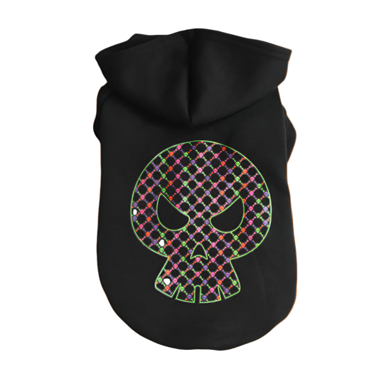 Black hoodie with a colorful skull design on a white background
