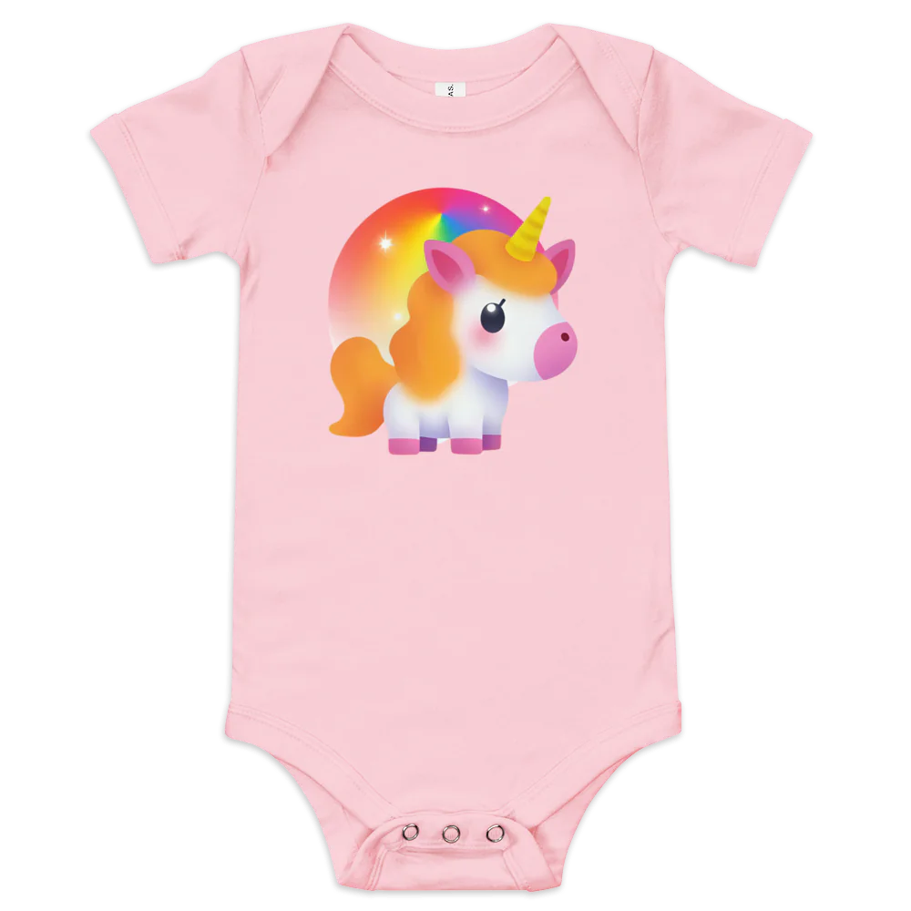 Pink baby onesie with a colorful unicorn design on a white background