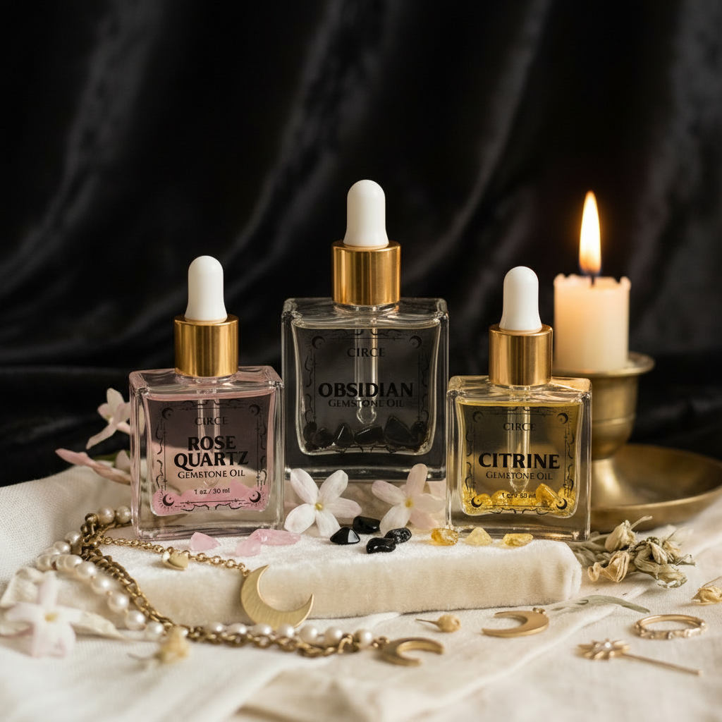 Three Circe oil bottles on a table with a classical painting in the background