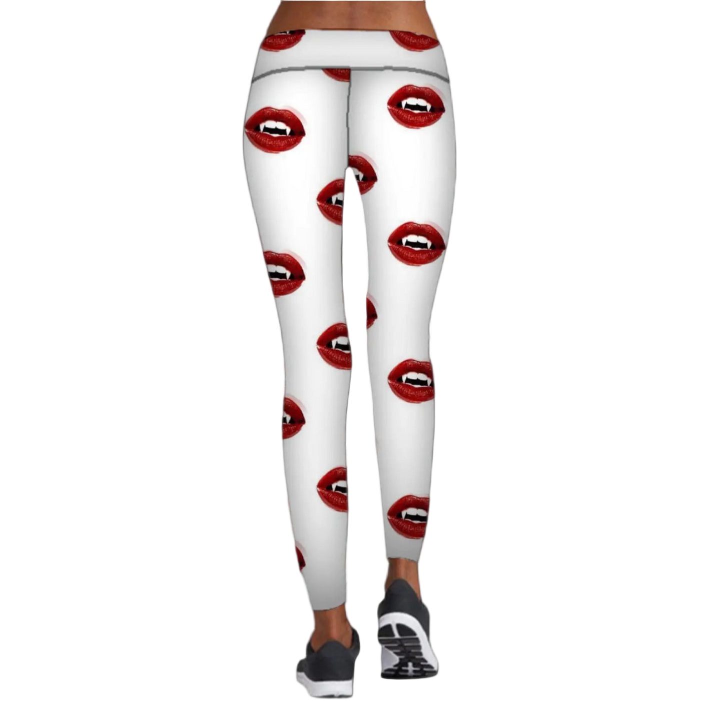 White leggings with red lip print worn by a person on a white background
