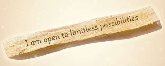 Wooden stick with engraved text 'I am open to limitless possibilities' on a white background