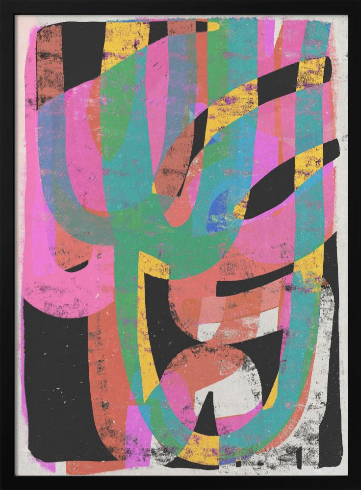 Abstract artwork with colorful geometric shapes on a textured background