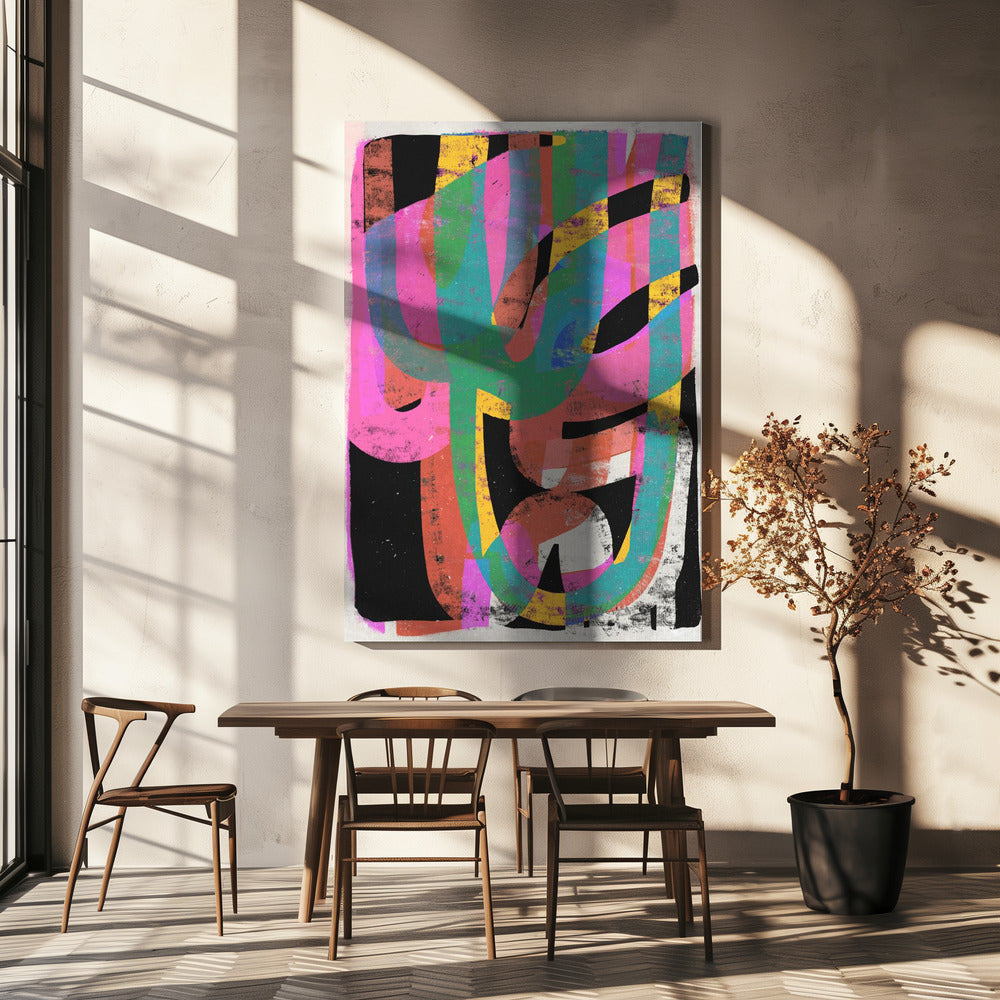 Colorful abstract painting on a wall above a wooden dining table with chairs.