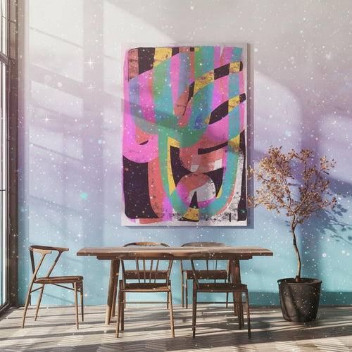 Colorful abstract painting on a wall above a wooden dining table with chairs.