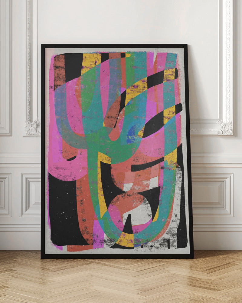 Colorful abstract art piece on a white wall with wooden floor