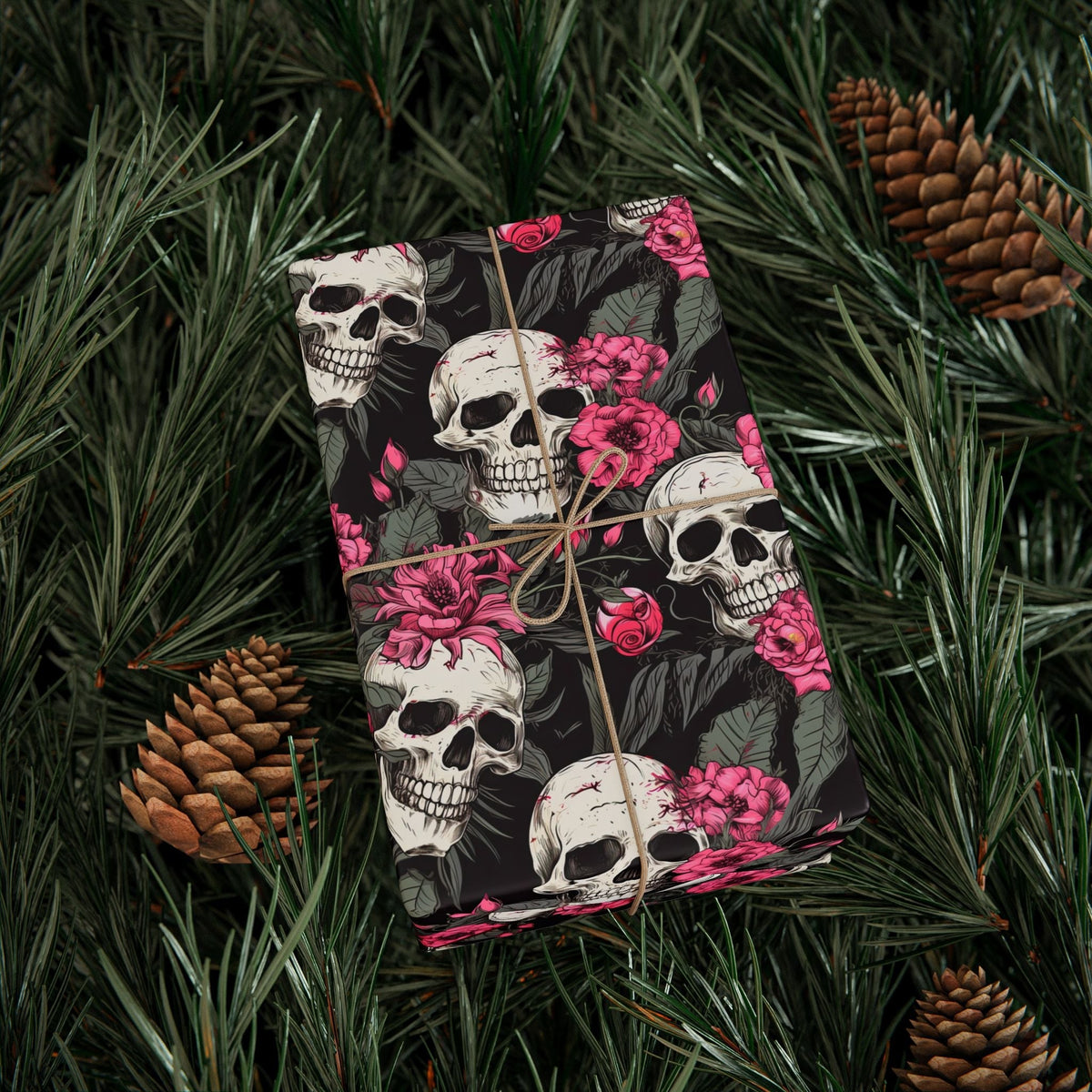 Pink Flowers and Skulls Gift Wrap - Lucky Girl Gifts