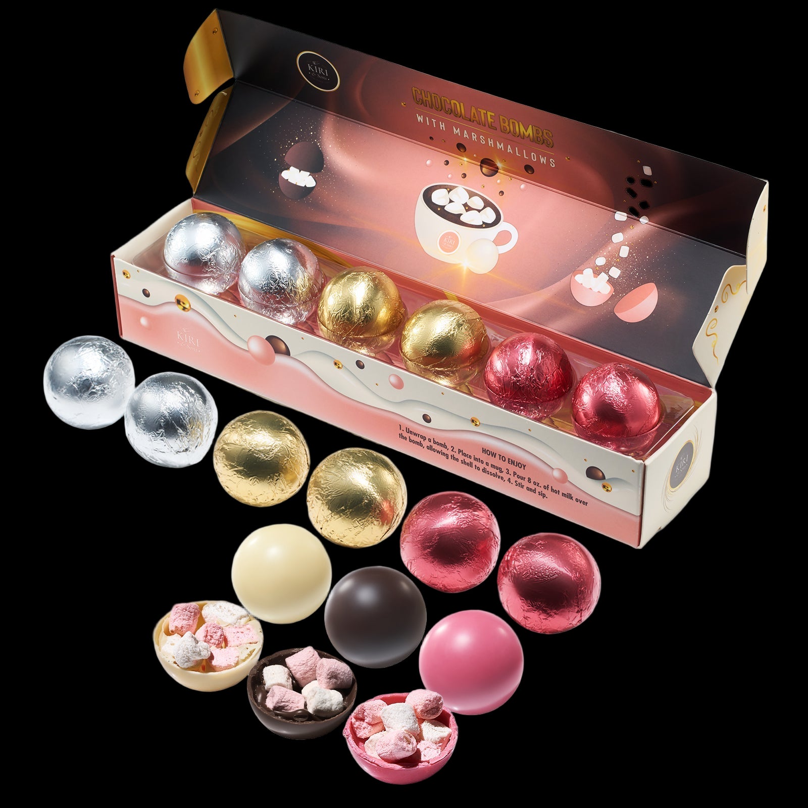 Assorted colorful chocolate truffles in a decorative box on a white background