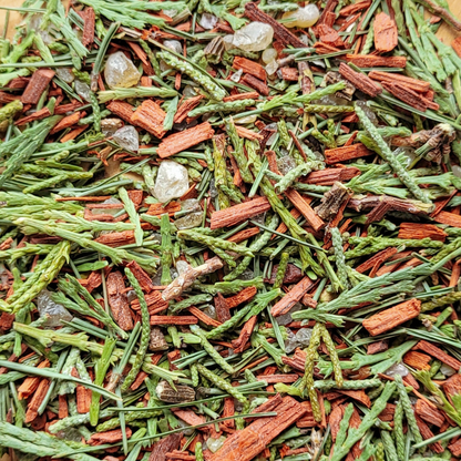 Close-up of a mix of green and red dried herbs and spices.