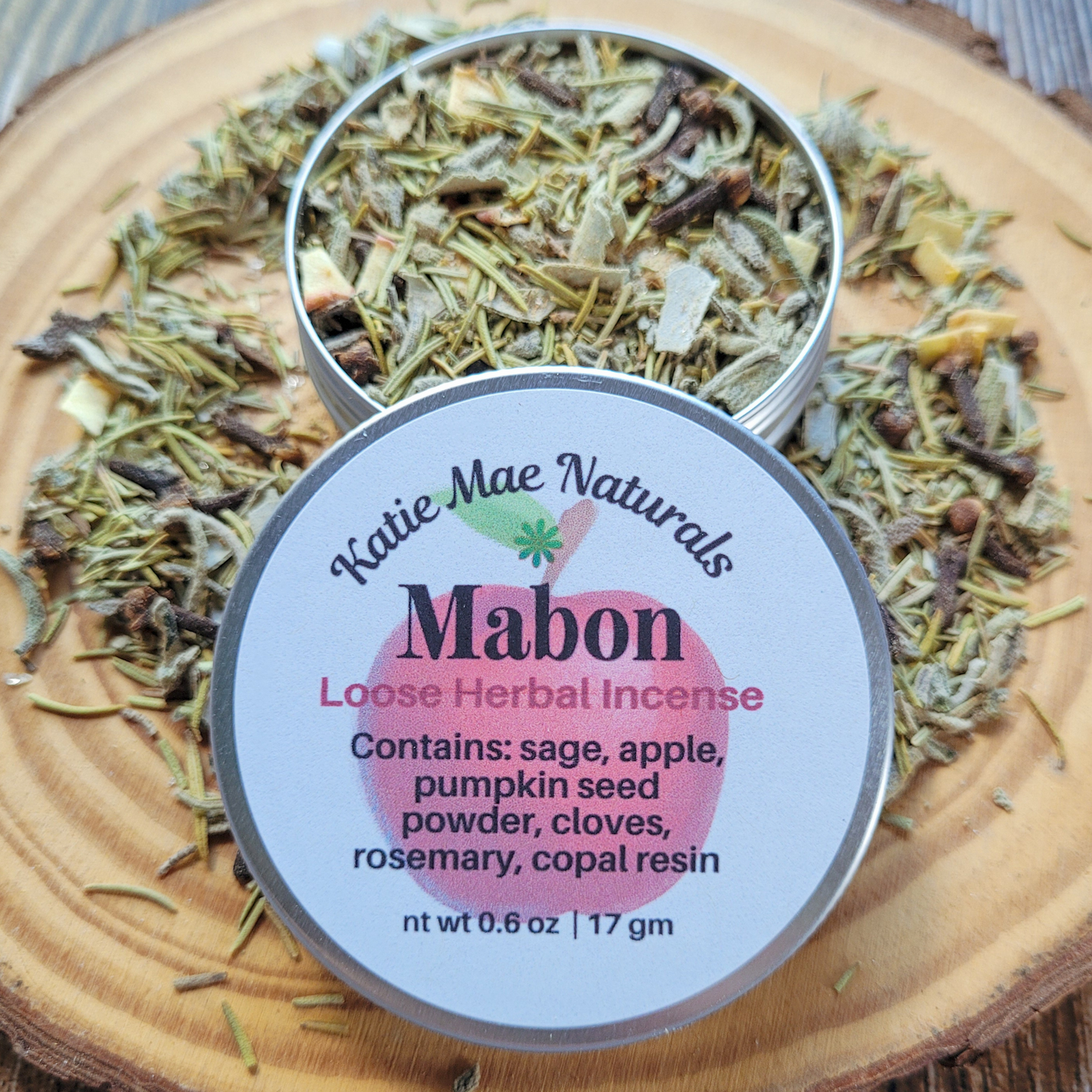 Katie Mae Naturals Mabon Loose Herbal Incense on a wooden surface