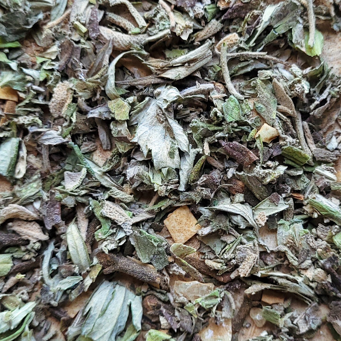 Close-up of dried herbs and leaves with a mix of green, brown, and beige colors.