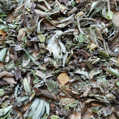 Close-up of dried herbs and leaves with a mix of green, brown, and beige colors.