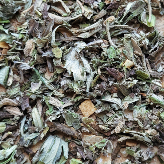 Close-up of dried herbs and leaves with a mix of green, brown, and beige colors.