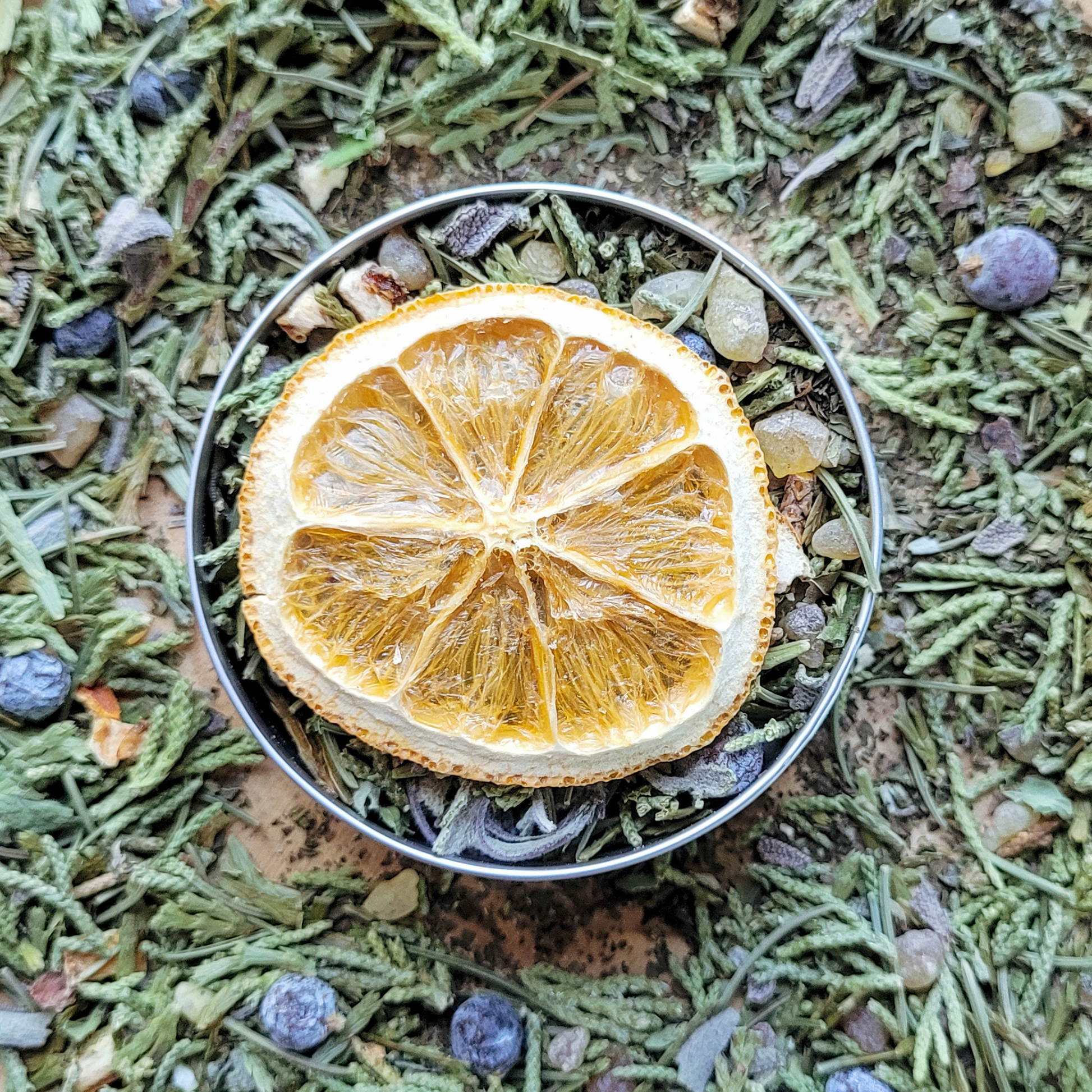 Dried lemon slice in a metal container on a textured surface with greenery and berries.