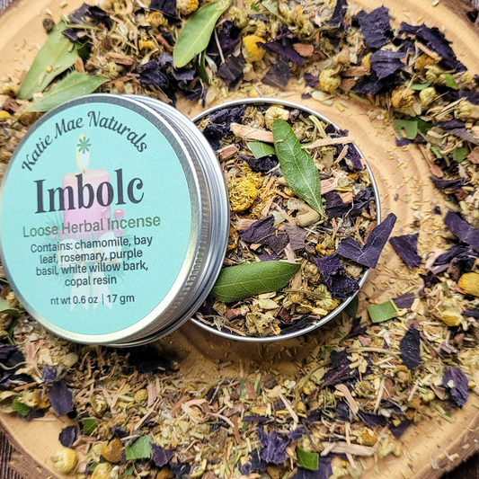 Katie Mae Naturals Imbolc Loose Herbal Incense with a wooden base