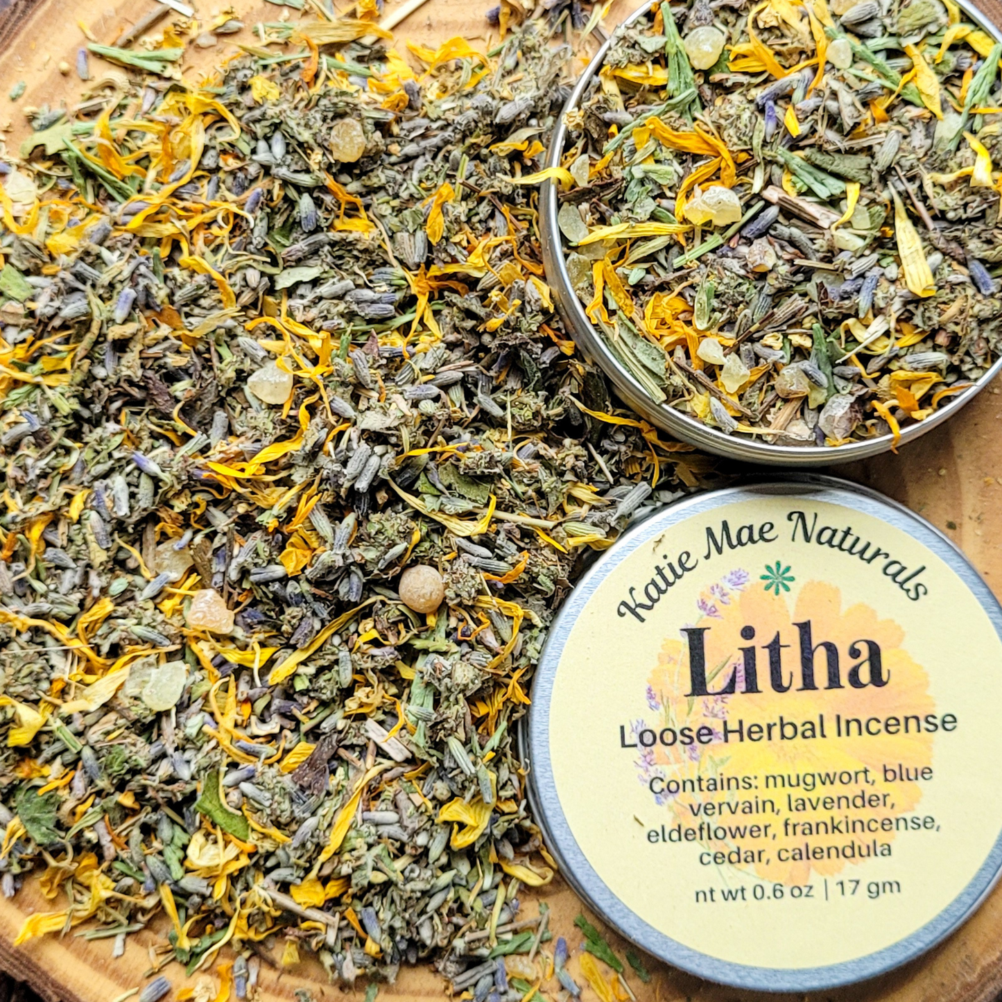 Katie Mae Naturals Litha Loose Herbal Incense on a wooden surface