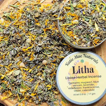 Katie Mae Naturals Litha Loose Herbal Incense on a wooden surface