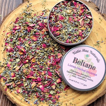 Katie Mae Naturals Beltane loose herbal incense on a wooden surface