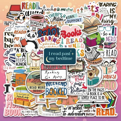 Collection of colorful book-themed stickers with various reading-related phrases and graphics.