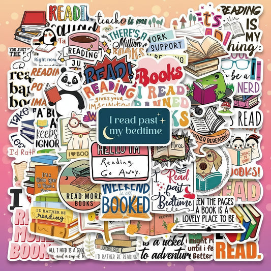 Collection of colorful book-themed stickers with various reading-related phrases and graphics.