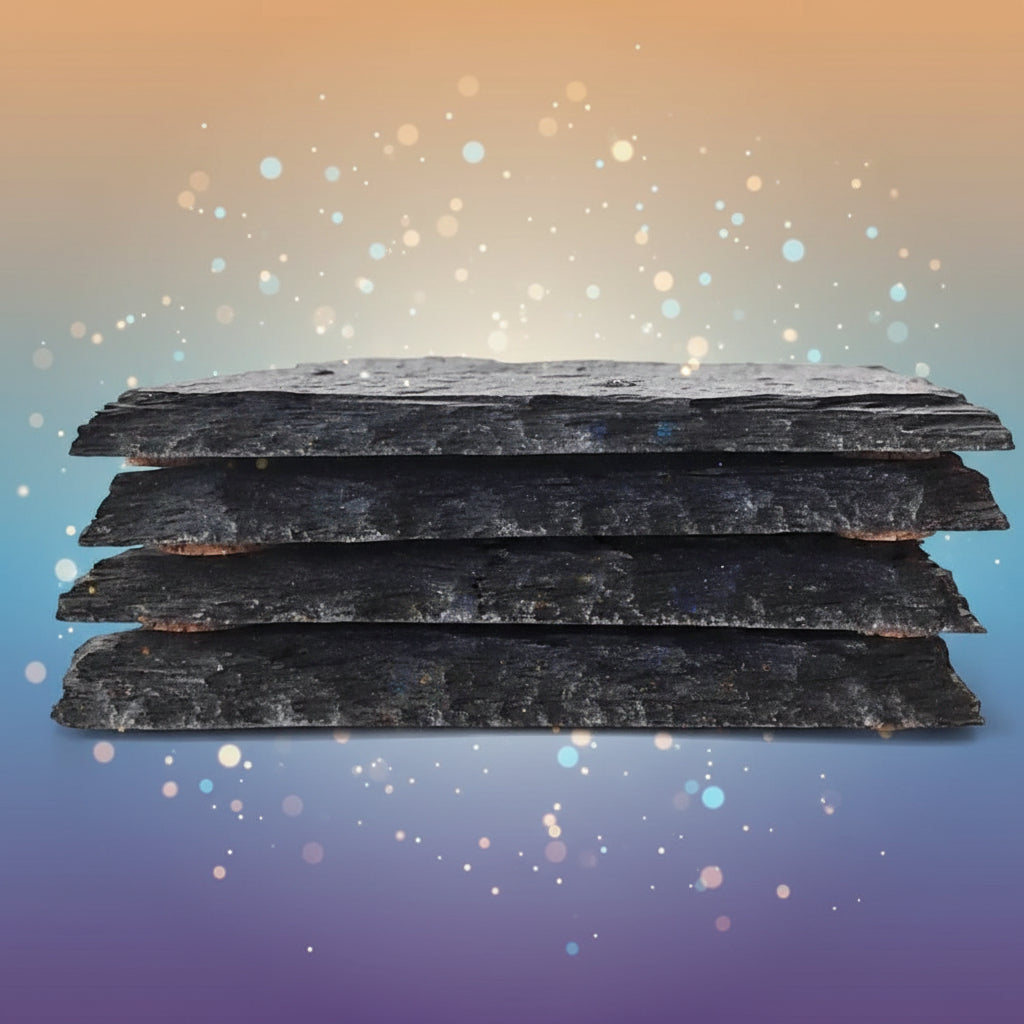 Stack of black brake pads on a white background