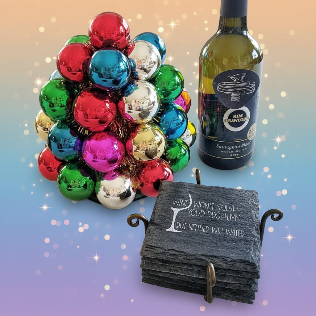 Stack of slate coasters with a humorous message next to a colorful glass ball decoration and a bottle of wine.